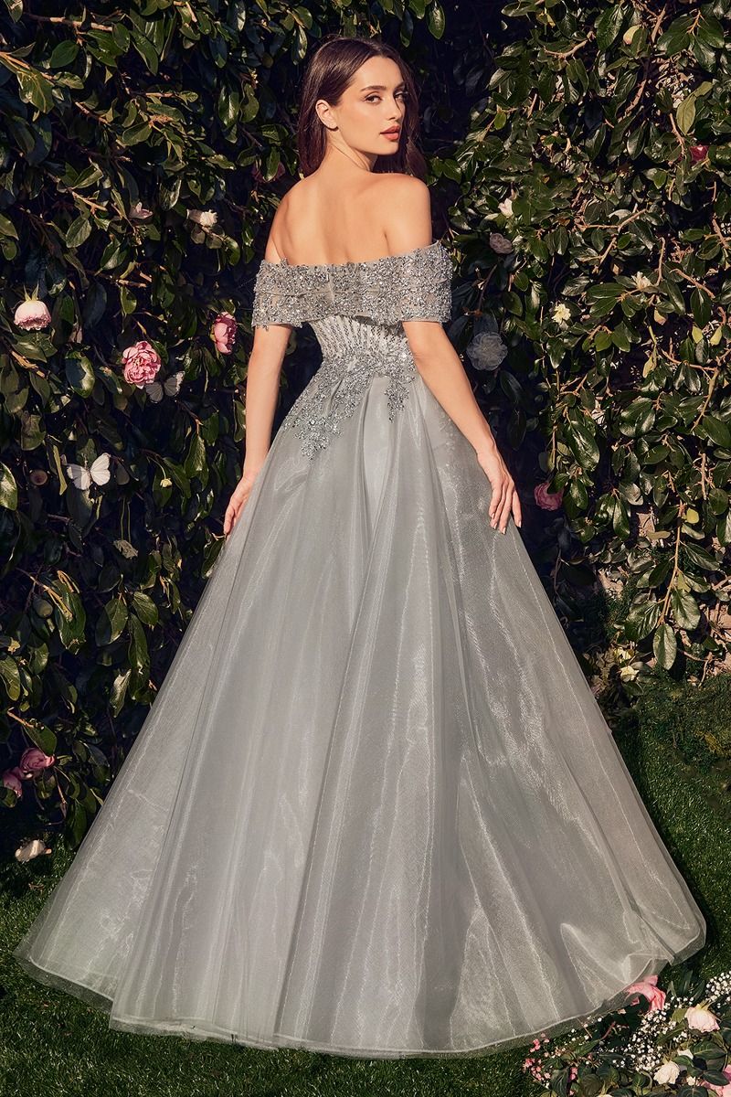 Prom Dresses Beaded Applique Long Formal Evening Dress Silver