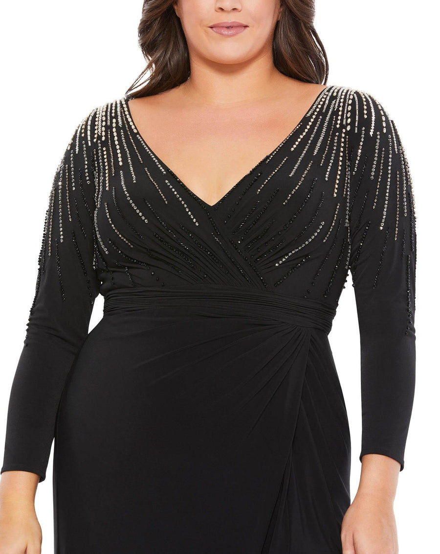 Mac Duggal Plus Size Formal Gown with V-Neckline and High Slit 67739 - The Dress Outlet