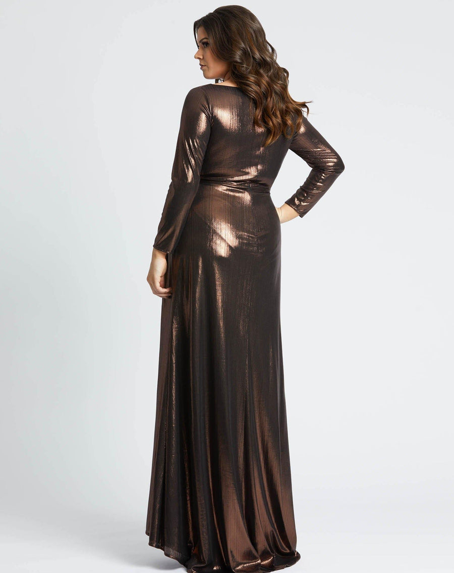 Mac Duggal v Neck Metalic Slit Gown 67434 - The Dress Outlet