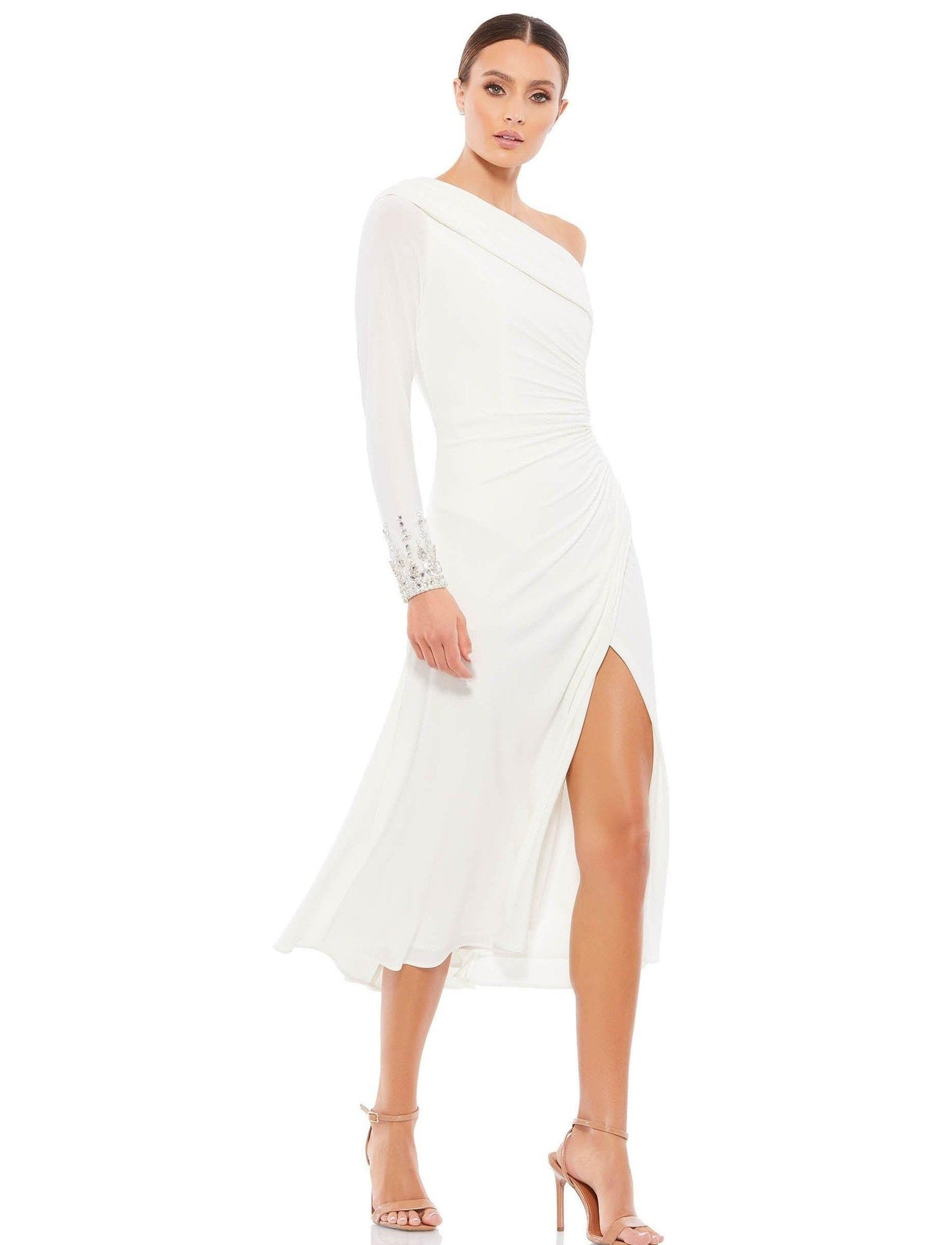 Mac Duggal Foldover Long Sleeve Jeweled Midi Dress 26485 - The Dress Outlet