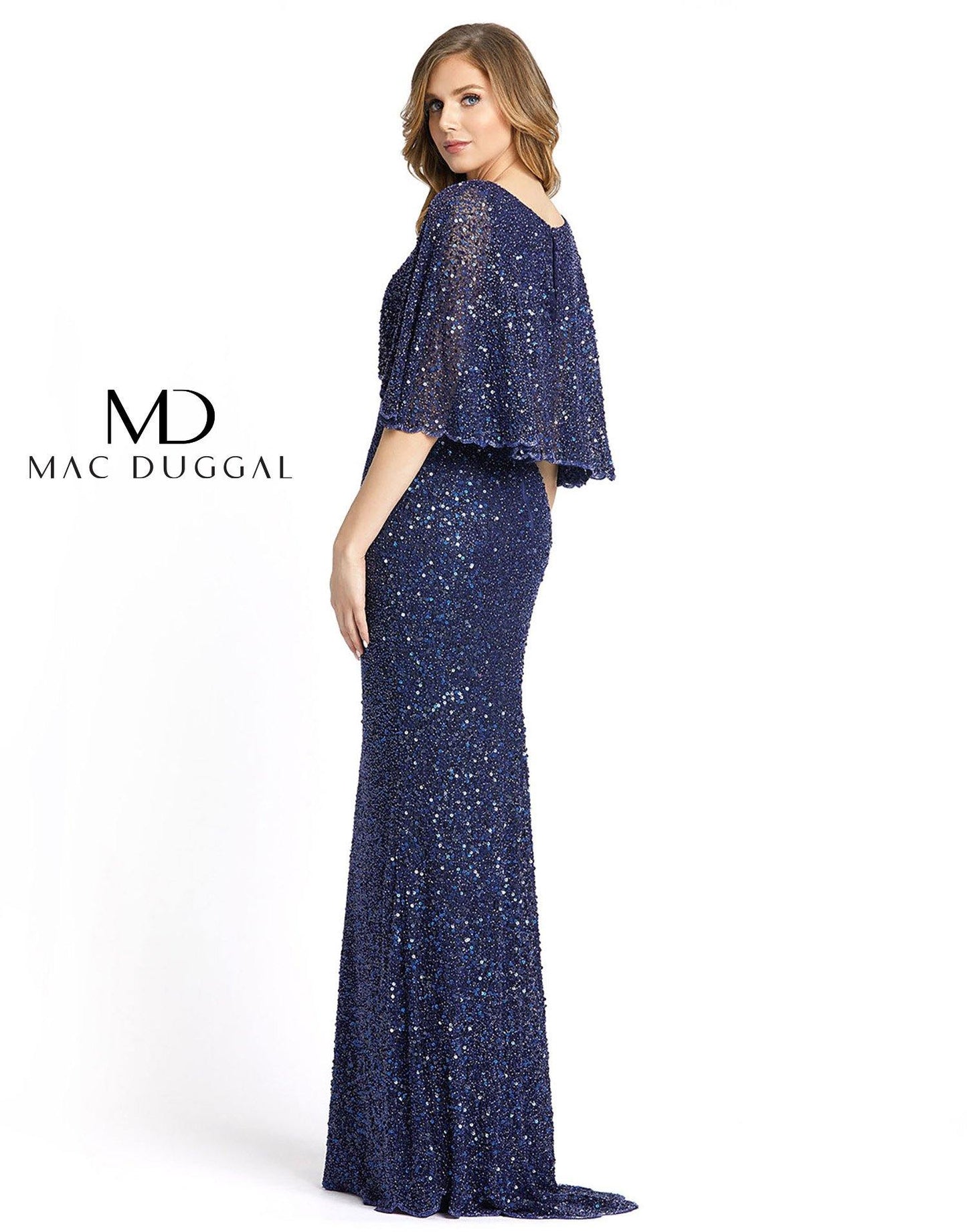 Mac Duggal Long Formal Cape Sleeve Sequined Dress - The Dress Outlet