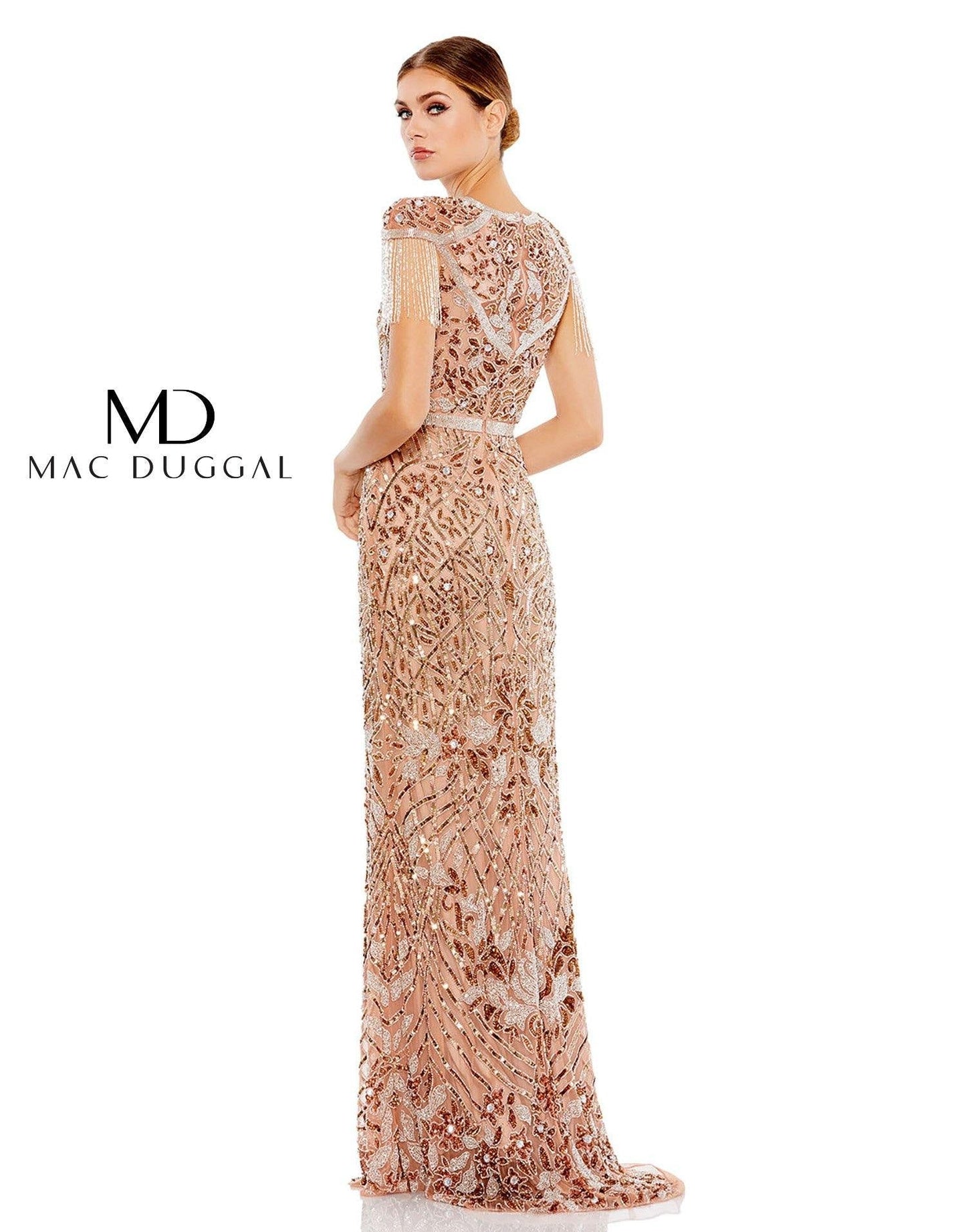 Mac Duggal Long Formal Fringe Cap Sleeve Gown 5452 - The Dress Outlet