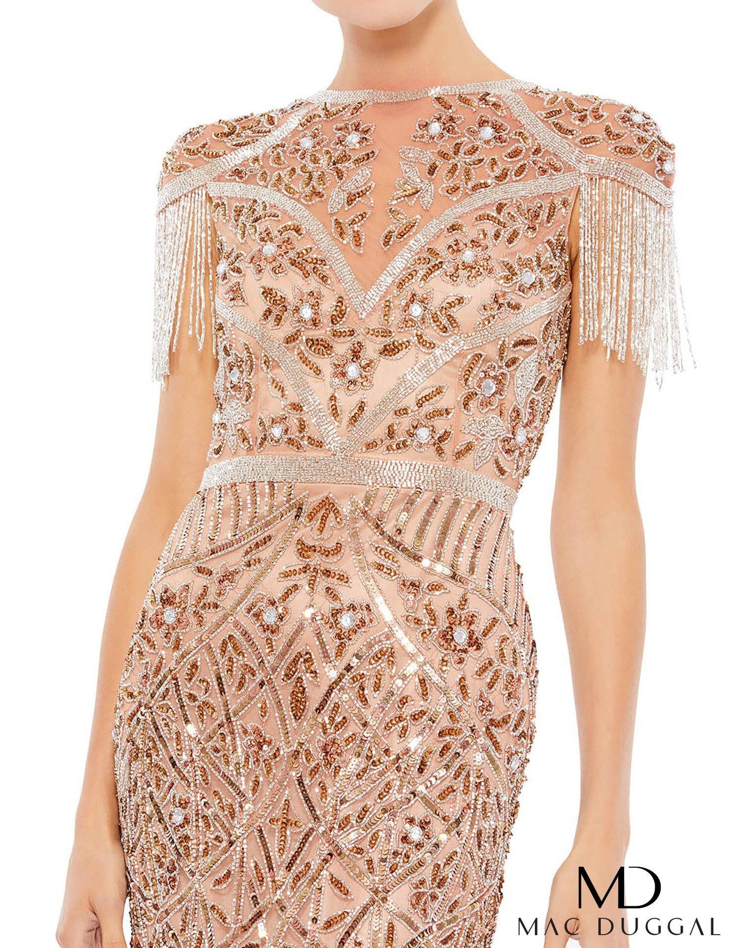 Mac Duggal Long Formal Fringe Cap Sleeve Gown 5452 - The Dress Outlet