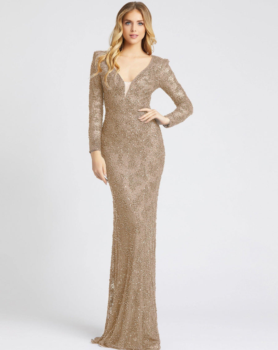 Mac Duggal Coated in Faux Pearls and bugle beads on Mesh 5177 - The Dress Outlet