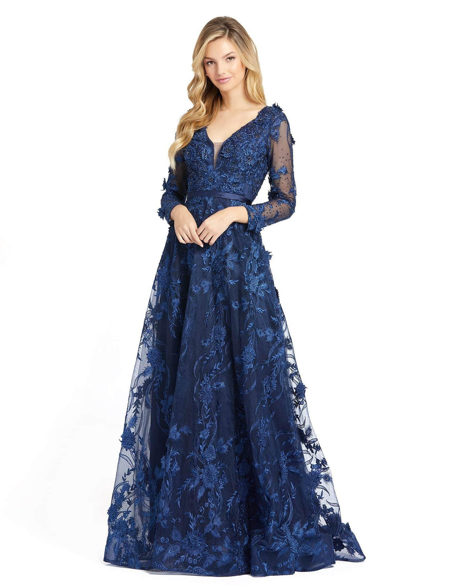 Mac Duggal Long Sleeve A Line Floral Evening Dress - The Dress Outlet