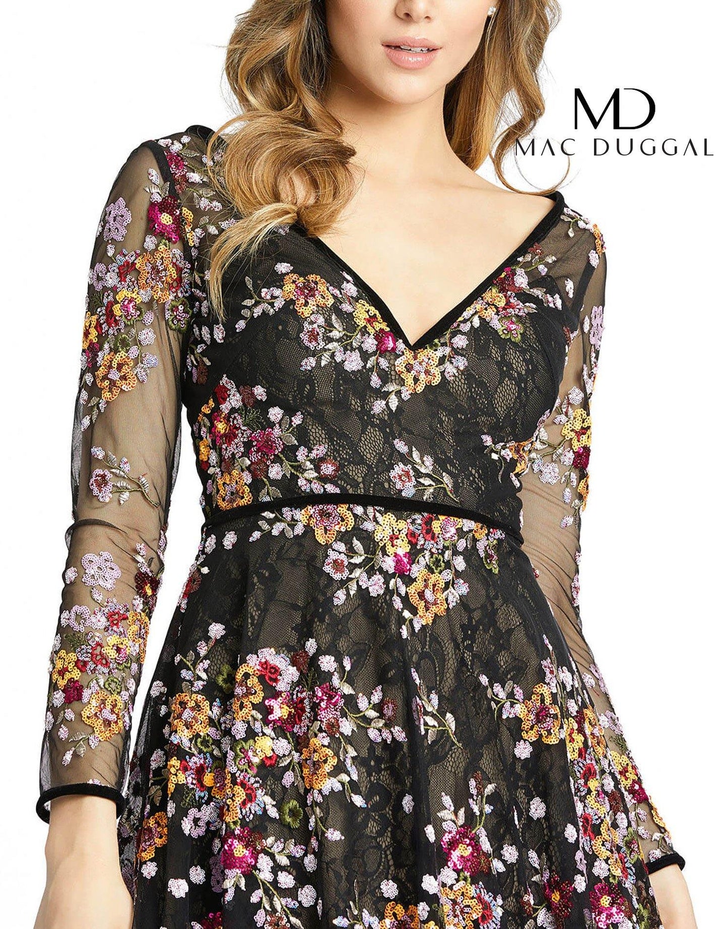 Mac Duggal Long Sleeve Floral Cocktail Dress 67499 - The Dress Outlet