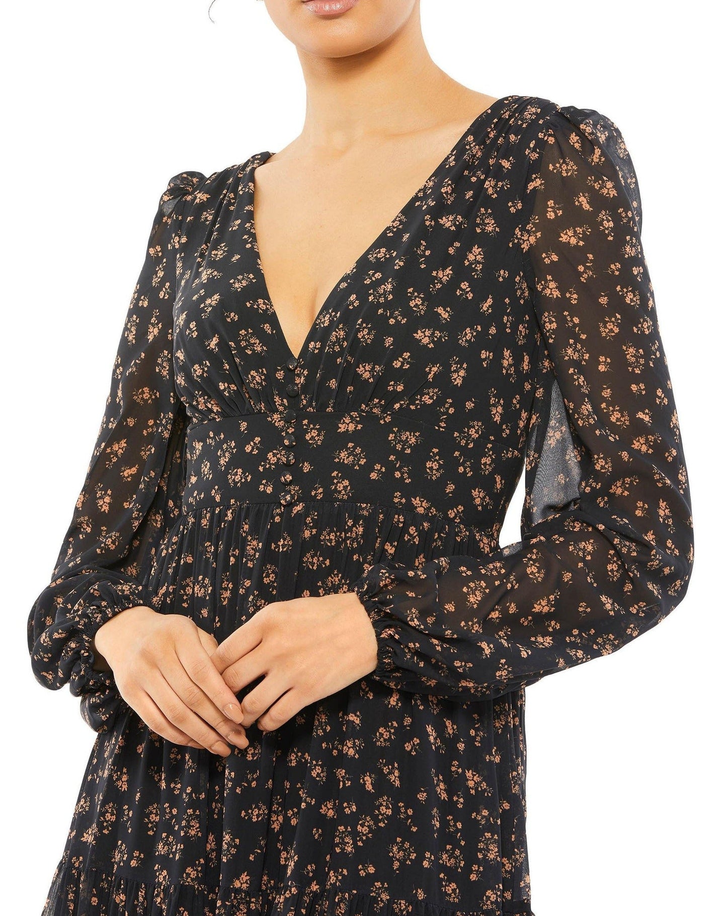 Mac Duggal Long Sleeve Floral Formal Dress Black Multi