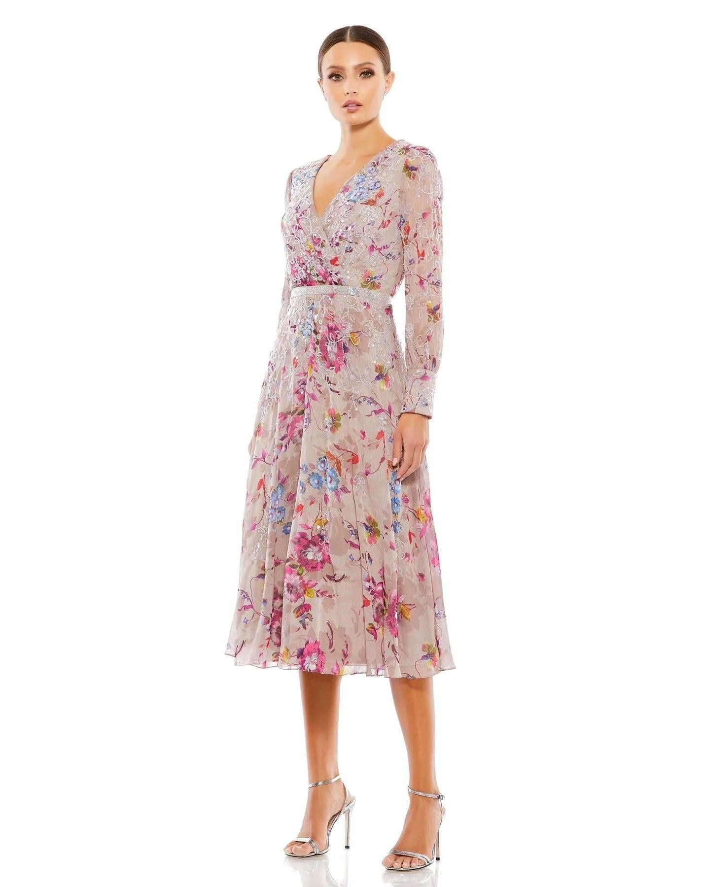 Mac Duggal Long Sleeve Floral Print Midi Dress 9147 - The Dress Outlet
