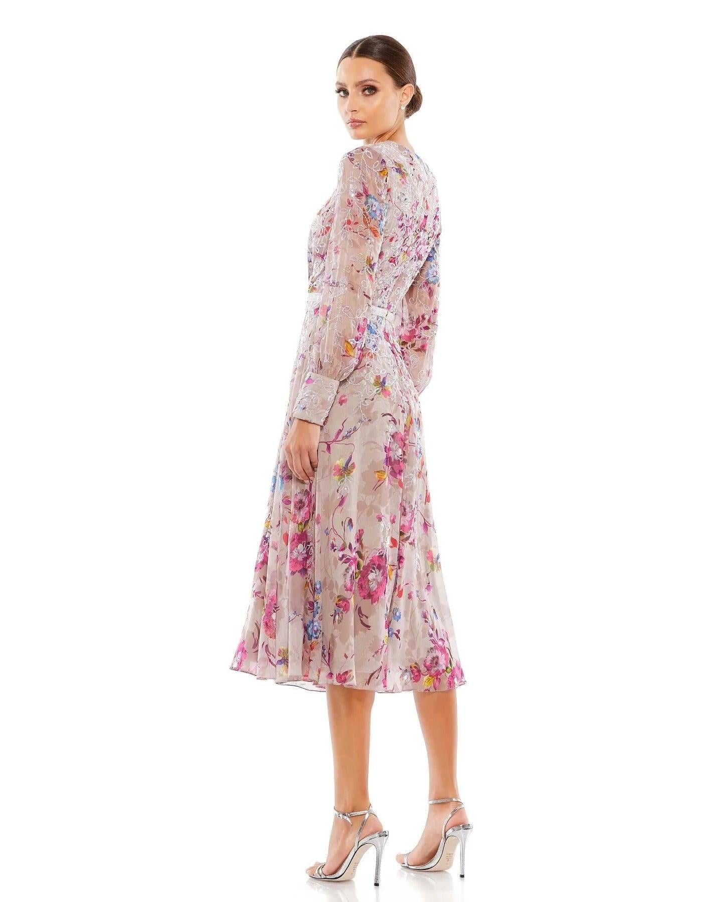 Mac Duggal Long Sleeve Floral Print Midi Dress 9147 - The Dress Outlet
