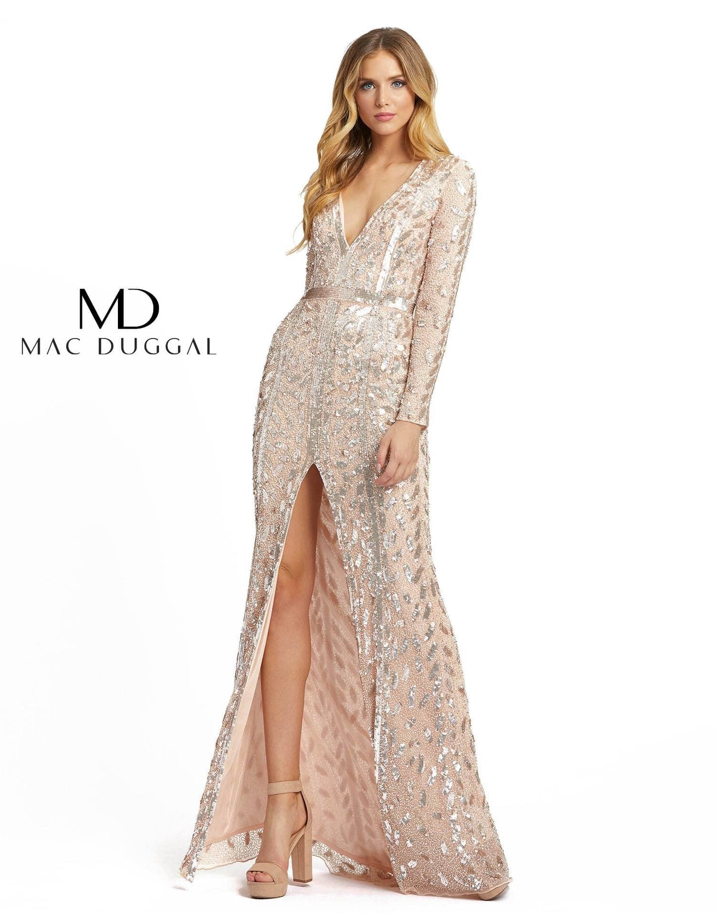 Mac Duggal Long Sleeve Formal Evening Trumpet Dress Rose Gold