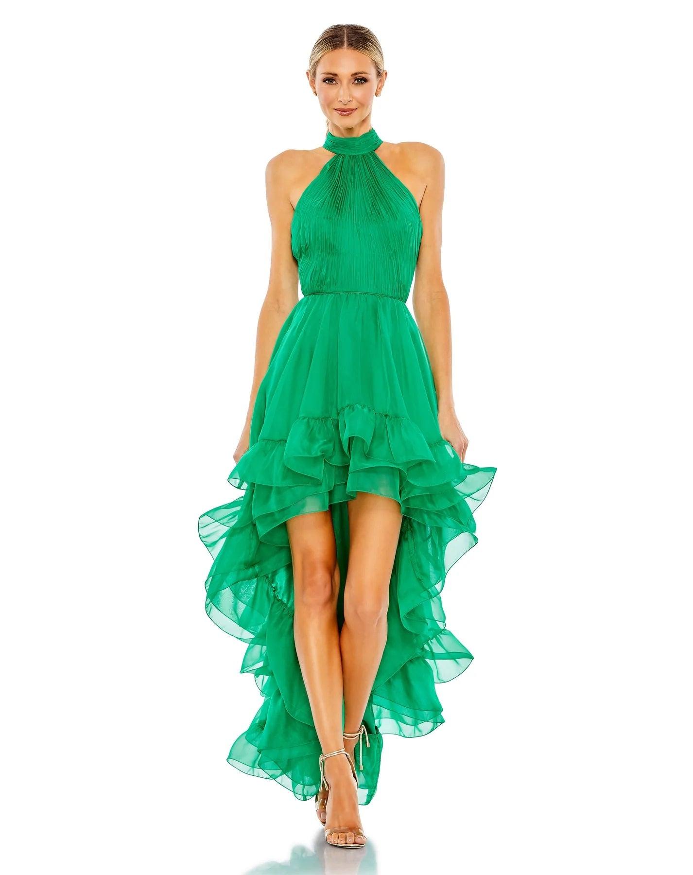 Mac Duggal Prom High Low Pleated Halter Gown 55807 - The Dress Outlet