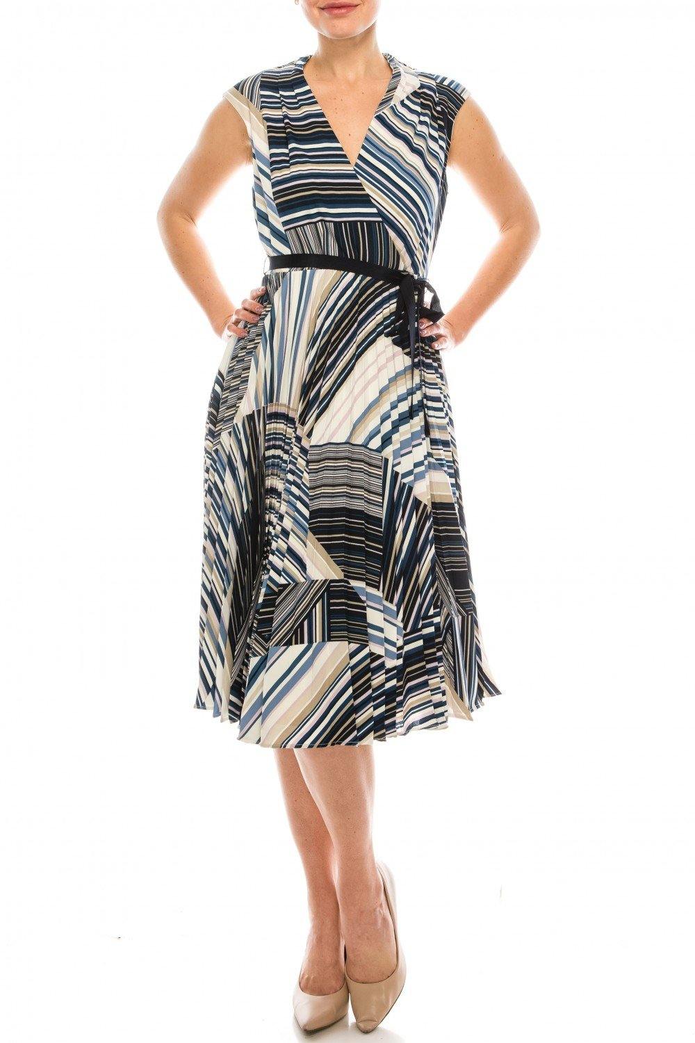 Maison Tara Striped Pleated A-Line Midi Dress - The Dress Outlet