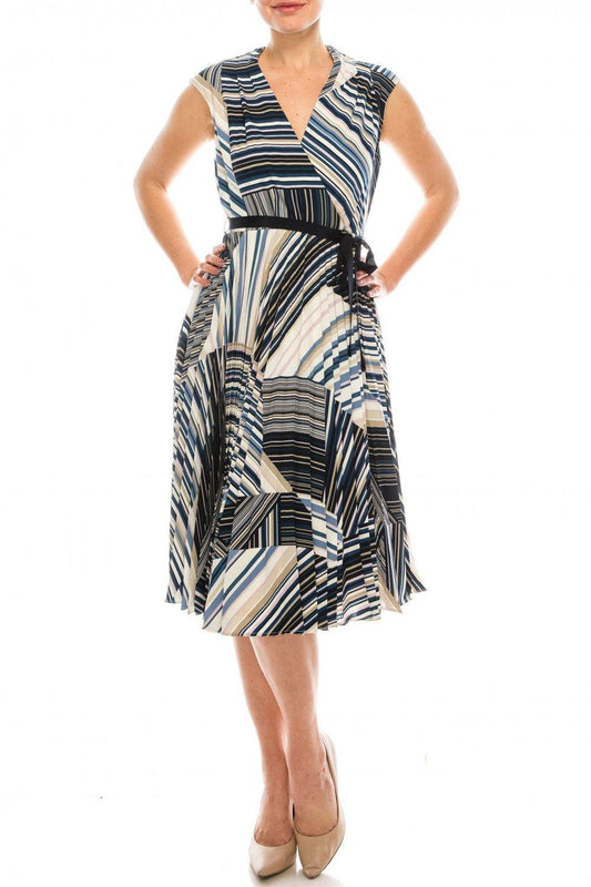 Maison Tara Striped Pleated A-Line Midi Dress - The Dress Outlet