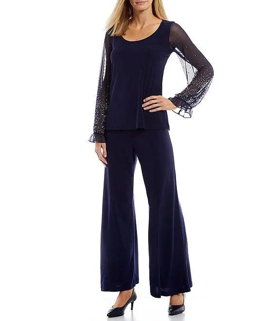 Marina Formal Beaded Long Sleeve Two Piece Pant Set - The Dress Outlet