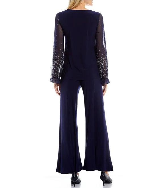 Marina Formal Beaded Long Sleeve Two Piece Pant Set - The Dress Outlet
