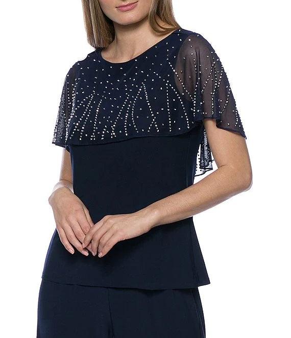 Marina Formal Beaded Short capelet Sleeve Pant Set - The Dress Outlet