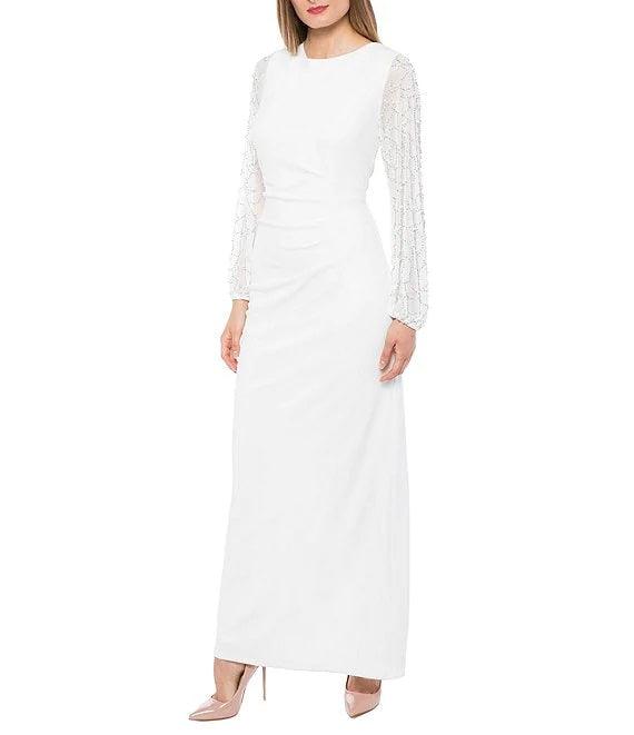 Marina Long Chiffon Sleeve Formal Fitted Dress - The Dress Outlet