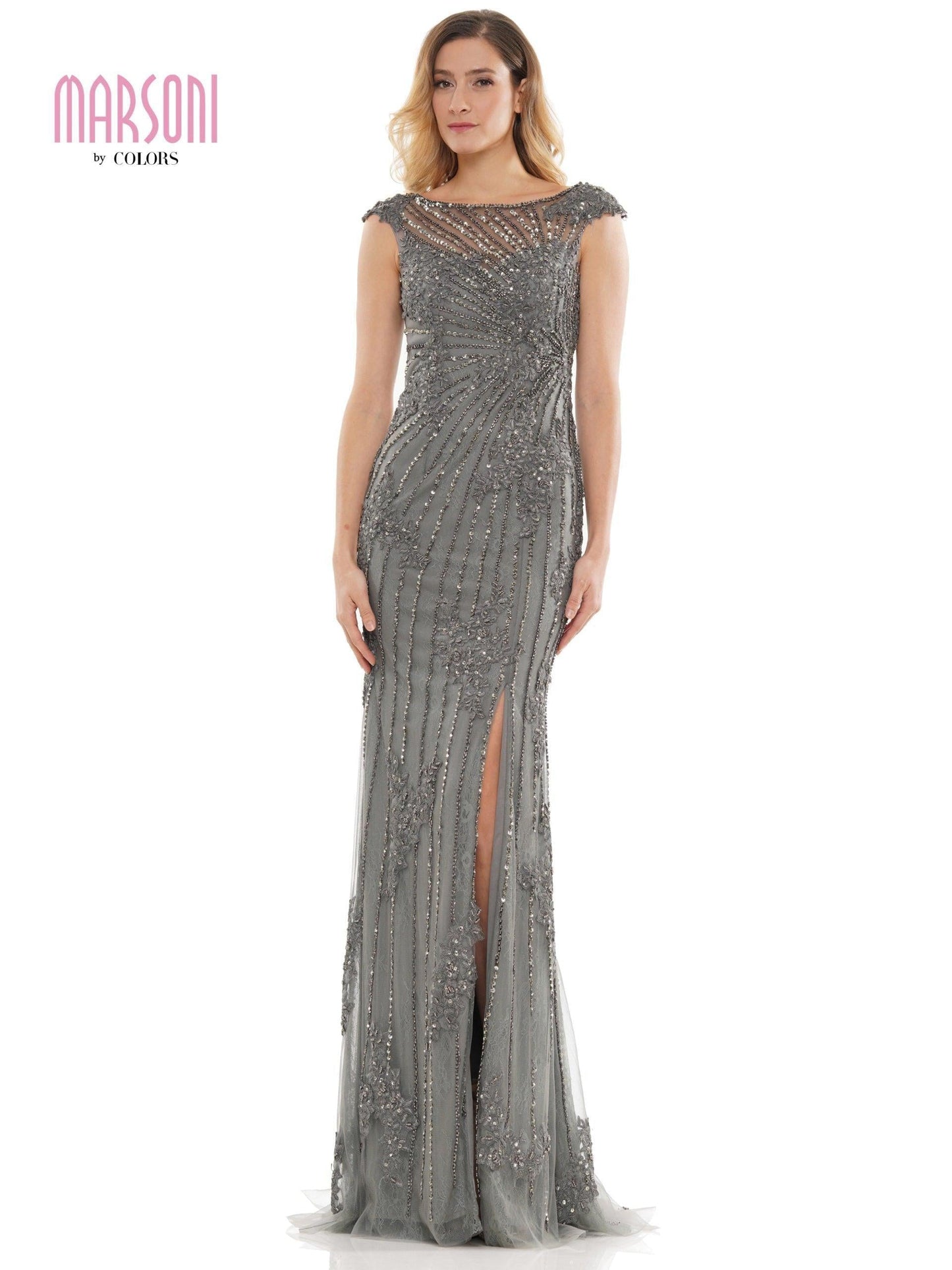 Marsoni Long Cap Sleeve Formal Beaded Dress 1128 - The Dress Outlet