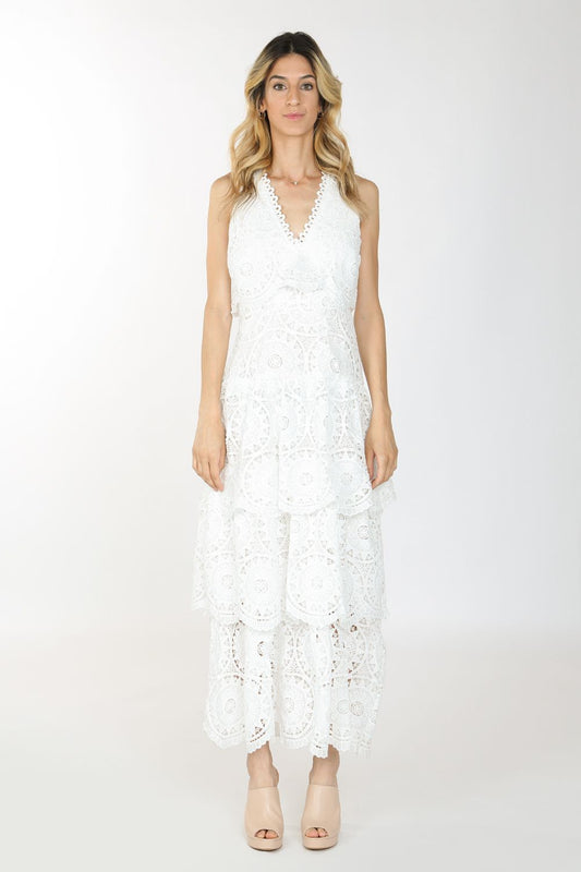Cocktail Dresses Long Sleeveless V Neck Lace Dress White