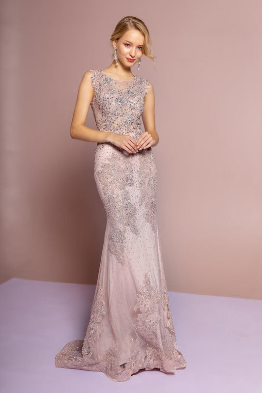 Mesh Beaded Embroidered Mermaid Long Dress - The Dress Outlet Elizabeth K