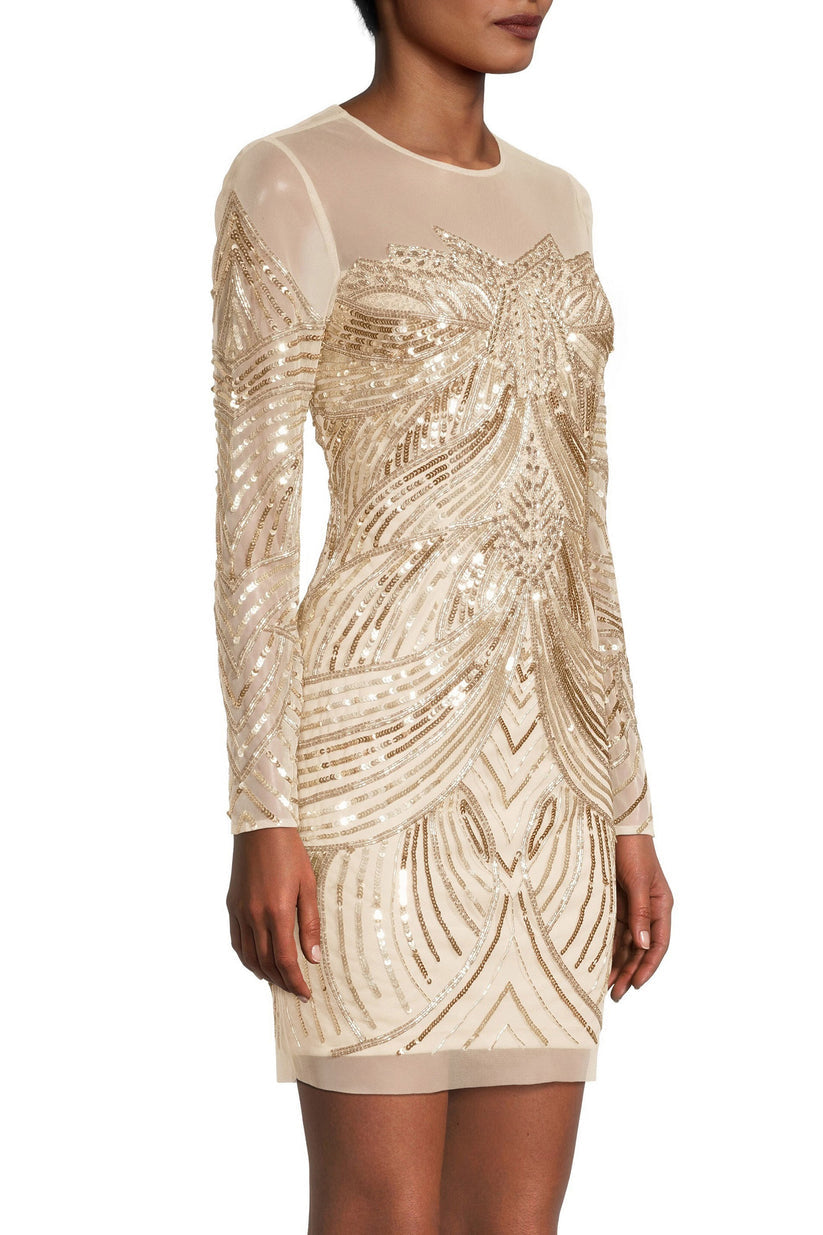 Cocktail Dresses Short Fitted Long Sleeve Sequin Cocktail Dress Light Gold