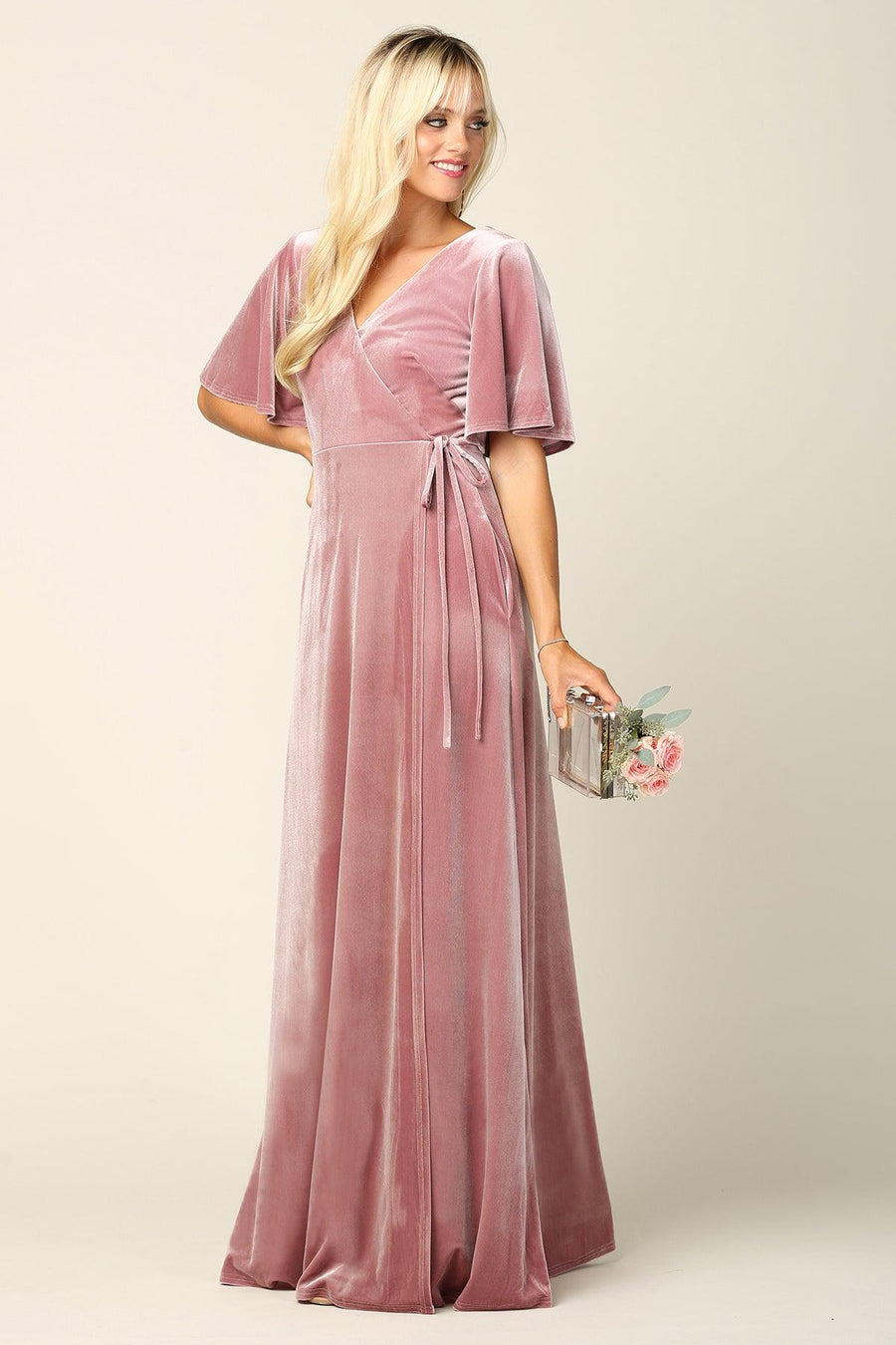 Mother of the Bride Long Flutter Sleeve Velvet Gown - The Dress Outlet