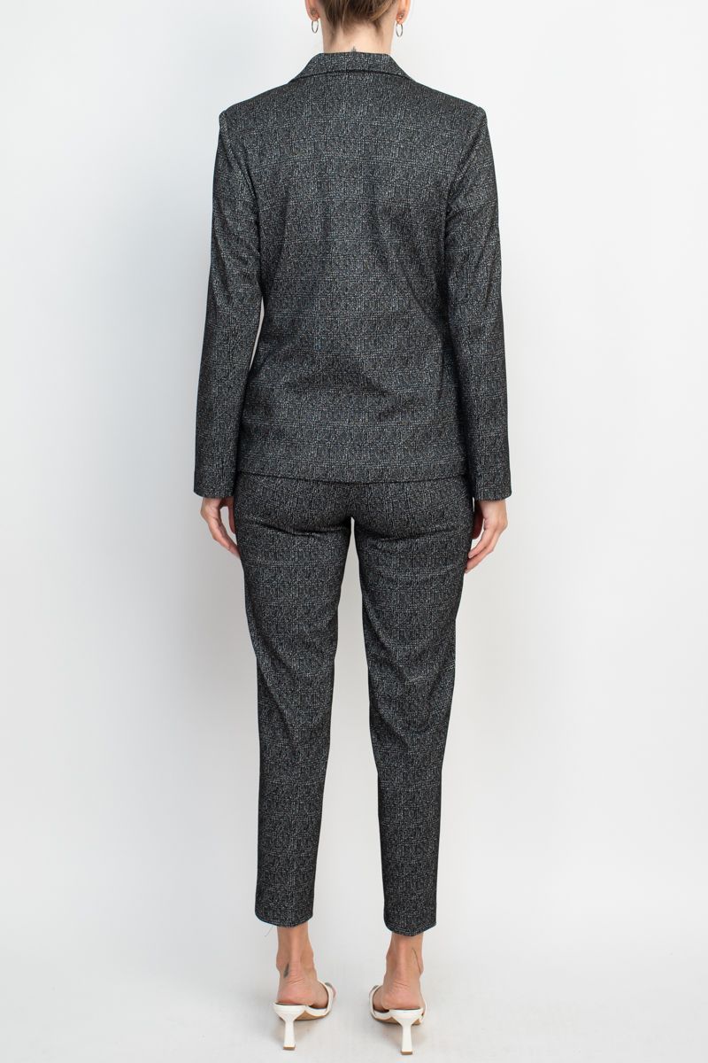 Pant Suit Formal Lurex JacketMid Waist Pant Suit Black Grey Silver