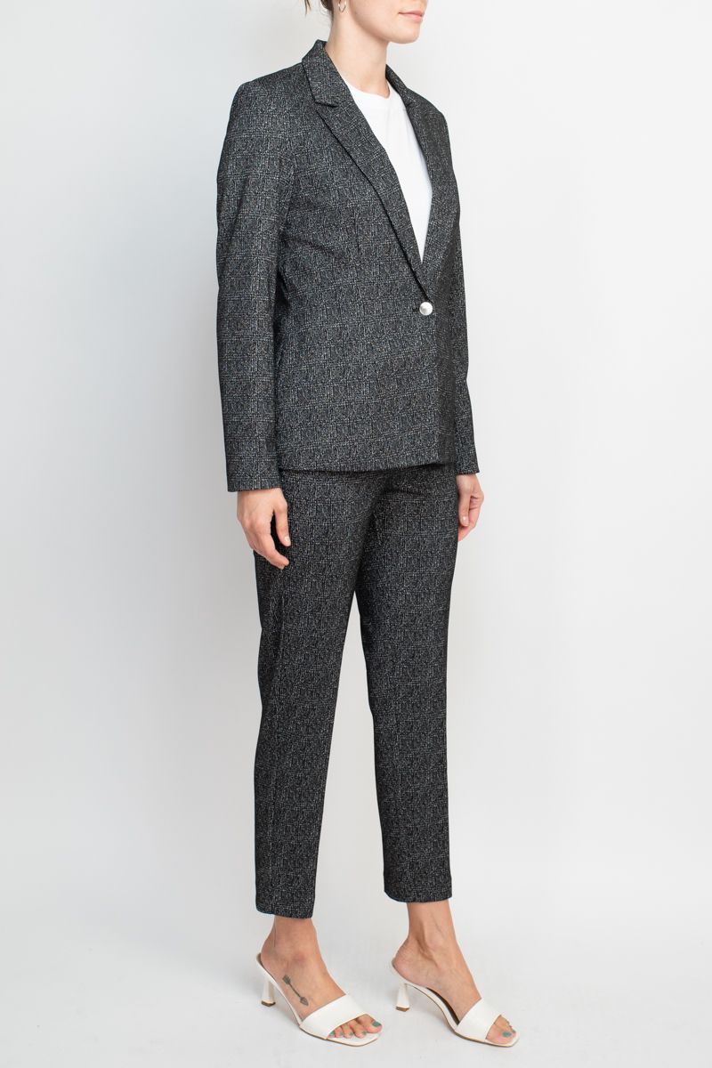 Pant Suit Formal Lurex JacketMid Waist Pant Suit Black Grey Silver