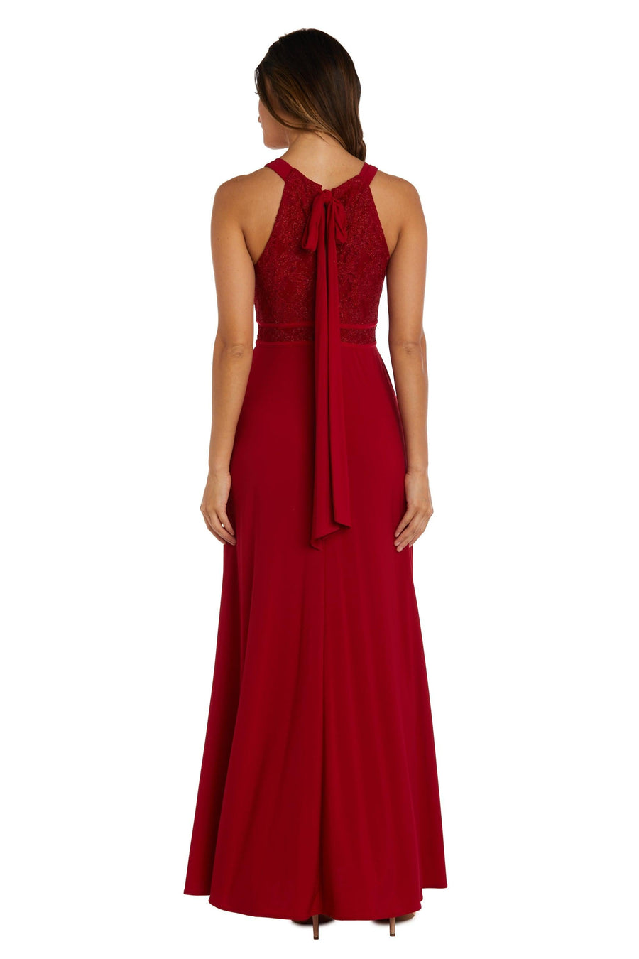 Nightway Long Halter Pleated Lace Formal Gown 21799 - The Dress Outlet