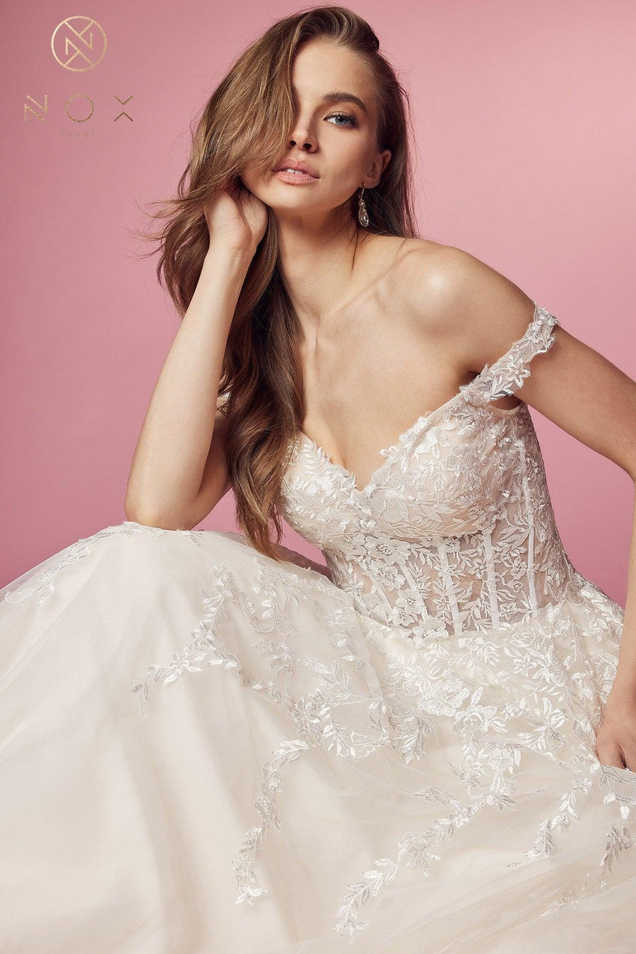 Off Shoulder A-Line Long Wedding Gown - The Dress Outlet