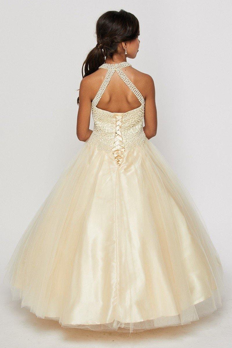Pearl Halter Style Long Gown Flower Girl Dress - The Dress Outlet Cinderella Couture
