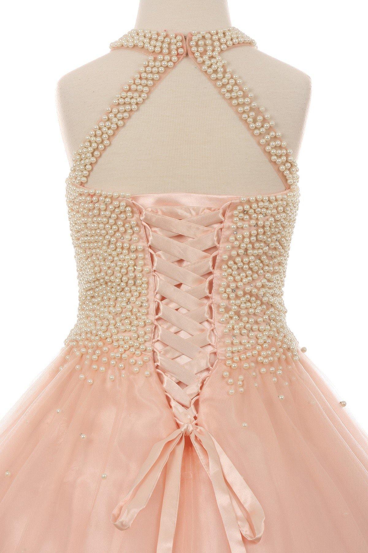 Pearl Halter Style Long Gown Flower Girl Dress - The Dress Outlet Cinderella Couture