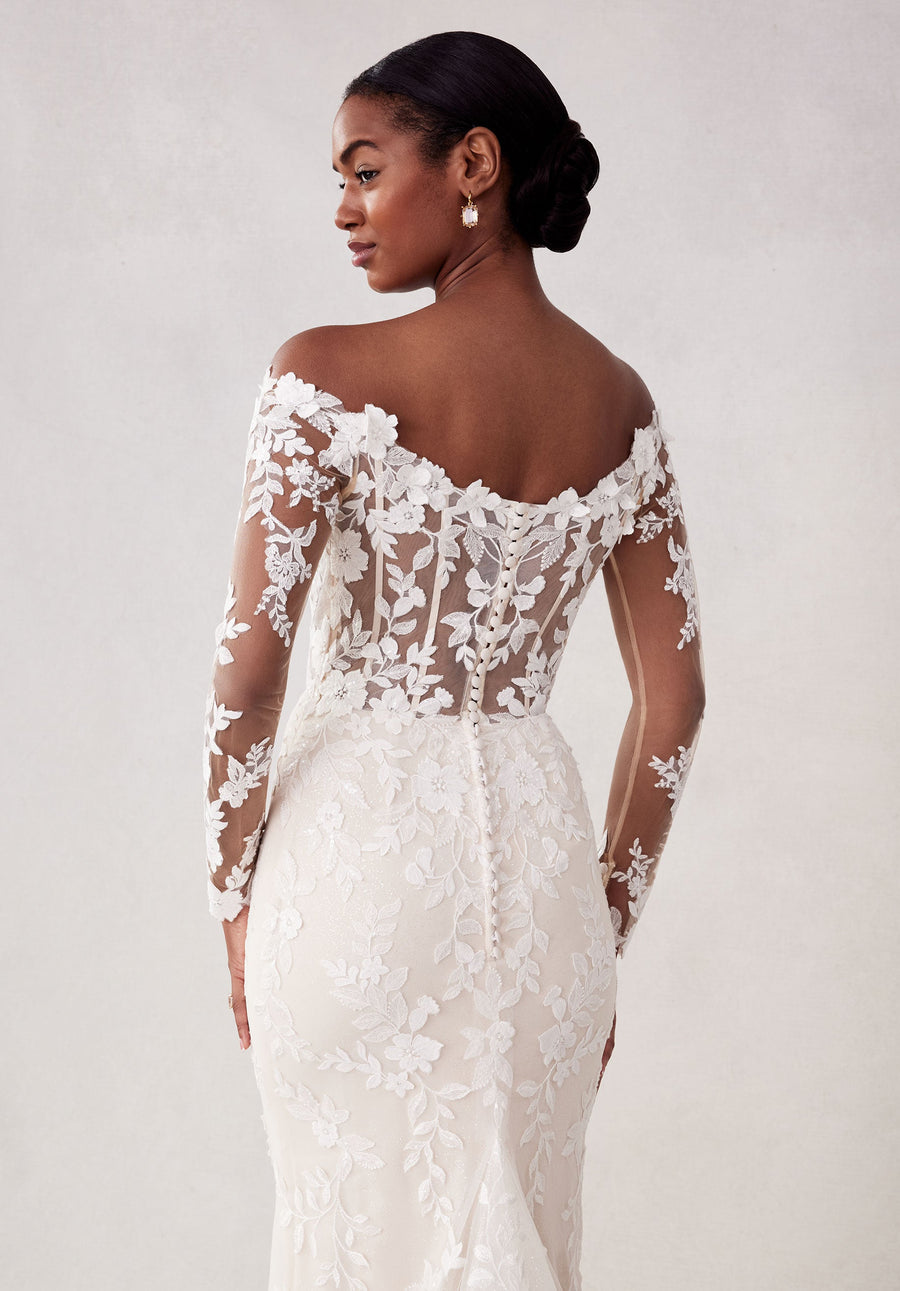 Wedding Dresses Long Glitter 3D Floral Wedding Dress Ivory/Champagne/Honey