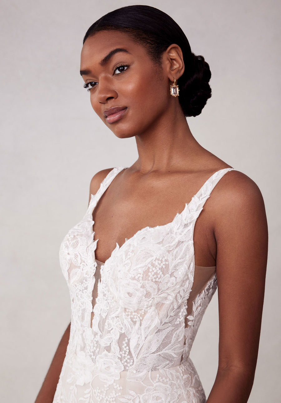 Wedding Dresses Simple Long Floral Lace Wedding Dress Ivory/Almond/Champagne/Honey