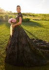 Wedding Dresses A Line Long Floral Lace Wedding Dress Black/Honey