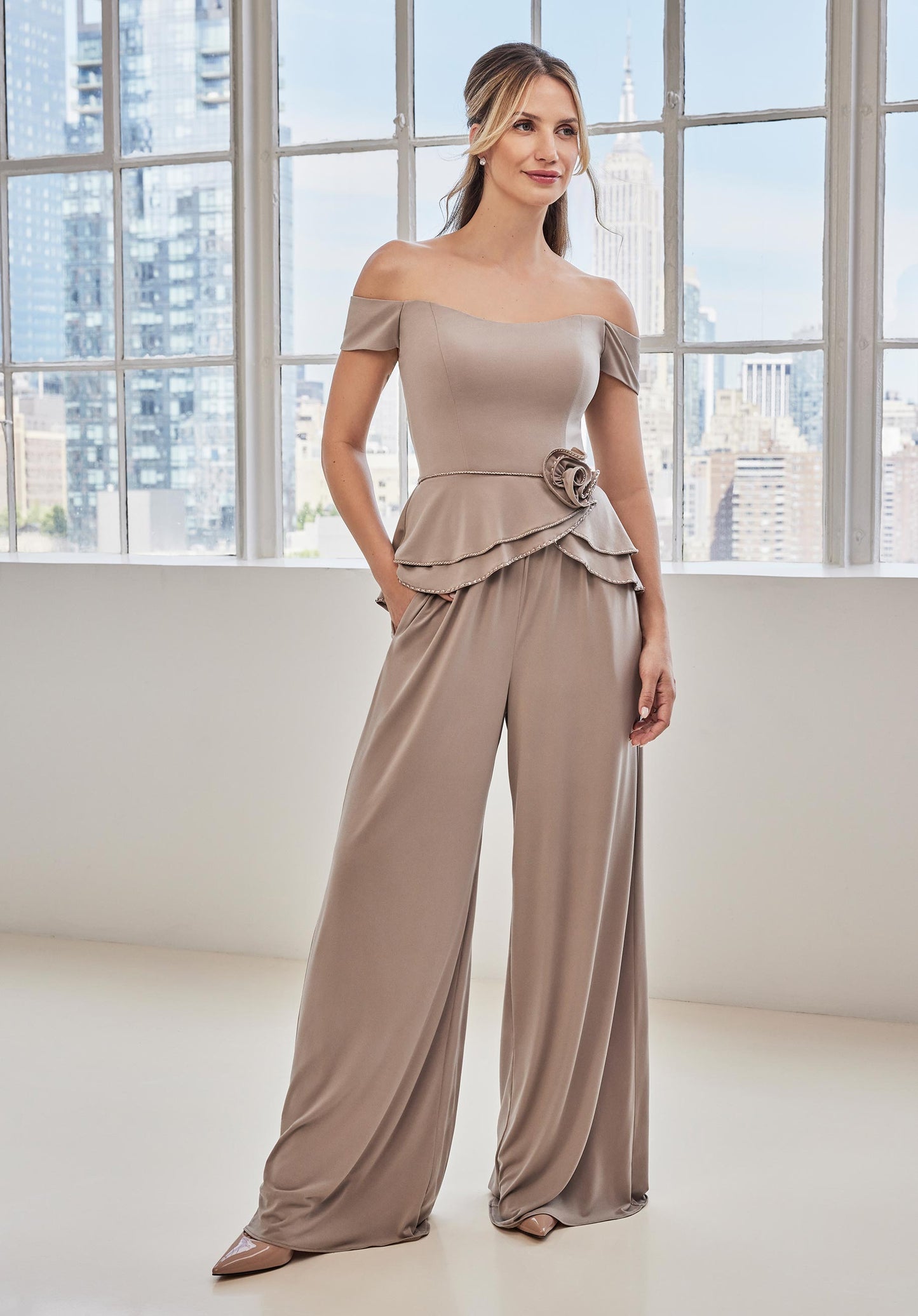 Jumpsuit Long Formal Beaded Peplum Jumpsuit Latte