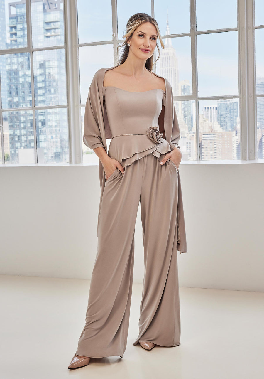 Jumpsuit Long Formal Beaded Peplum Jumpsuit Latte