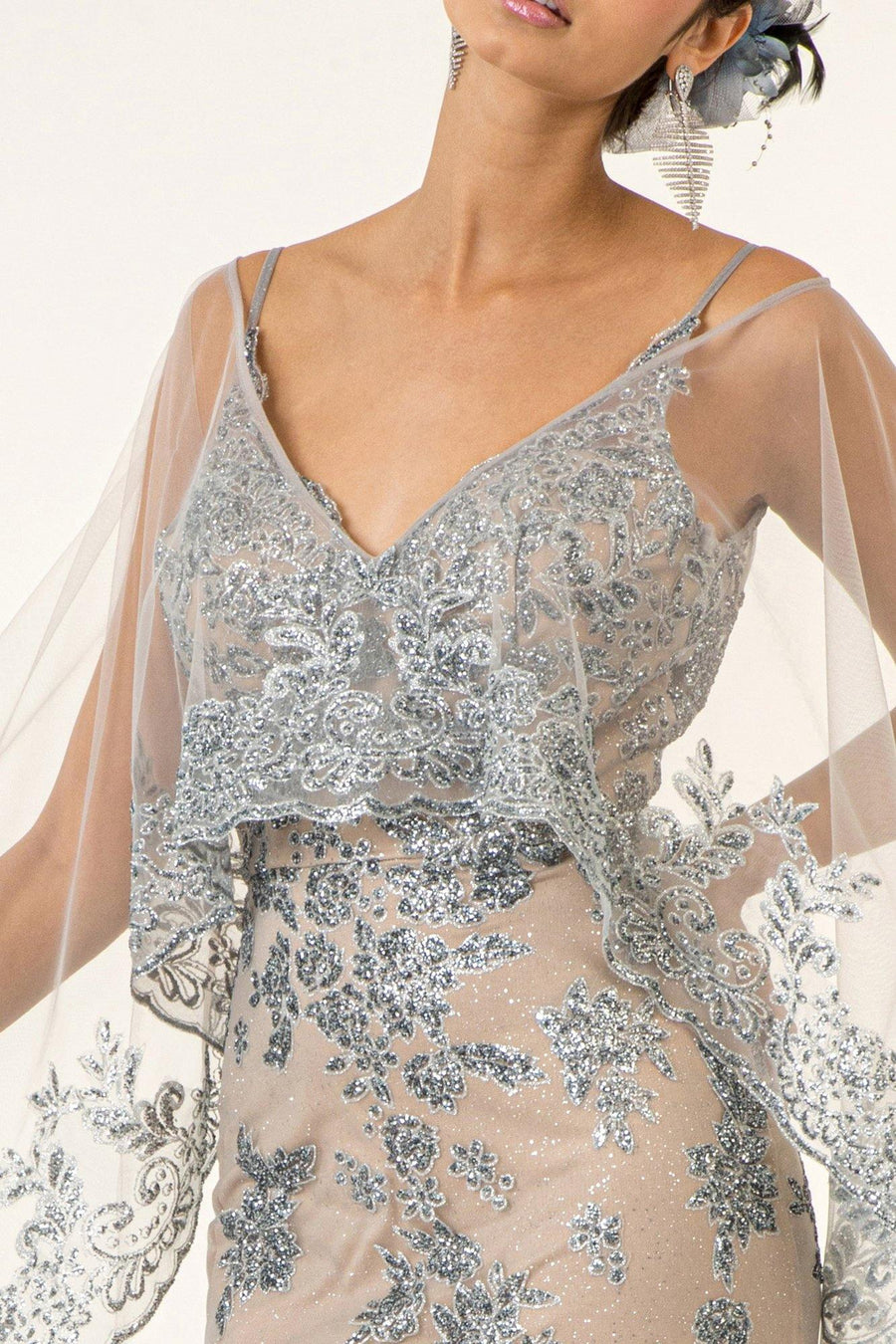 Prom Long Formal  Glitter Cape Dress - The Dress Outlet