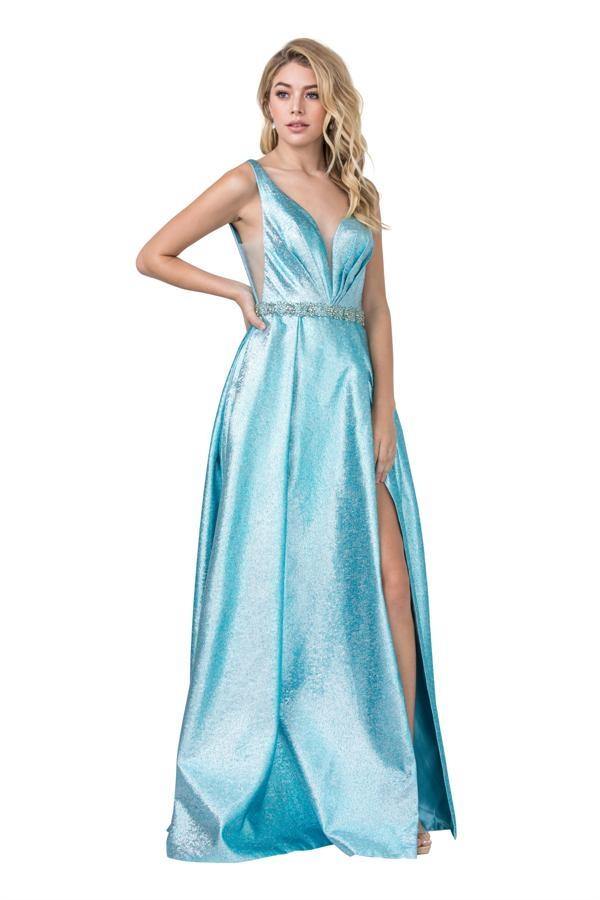 Prom Long Formal Sleeveless Metallic Evening Gown - The Dress Outlet