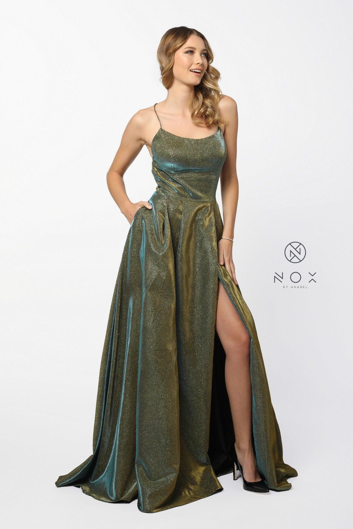 Prom Long Formal Spaghetti Strap Metallic Dress - The Dress Outlet
