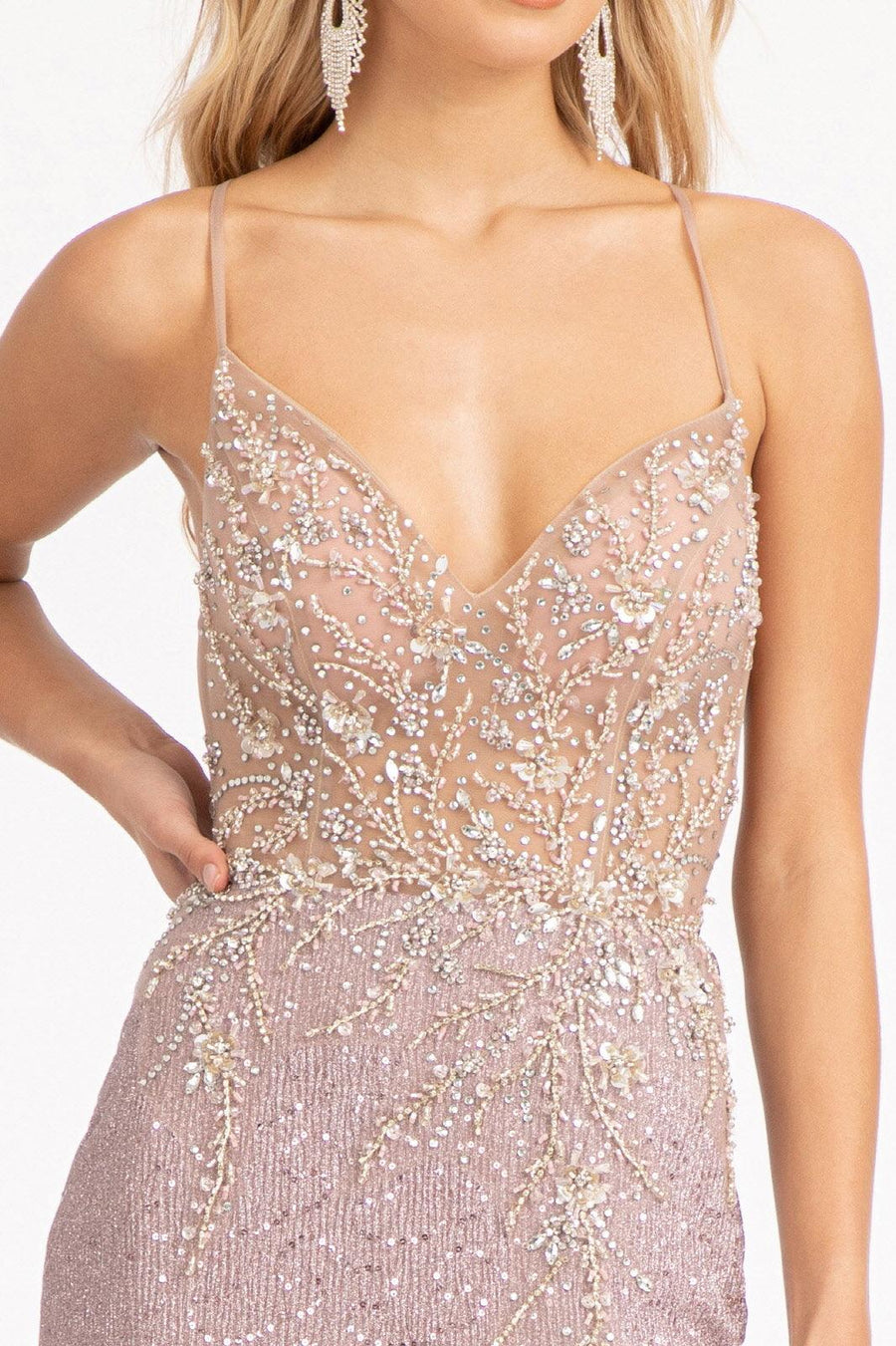 Prom Long Spaghetti Strap Sequins Formal Dress Rose Gold