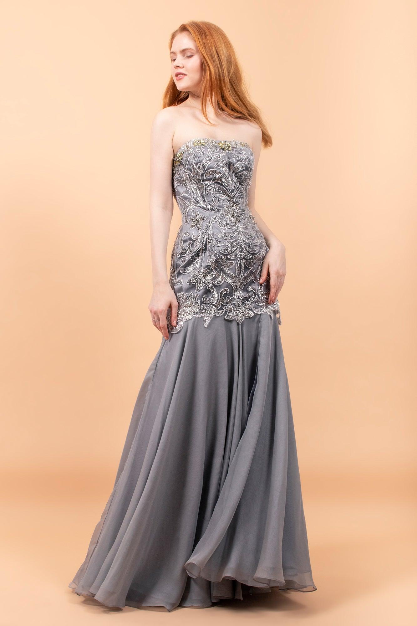 Prom Long Strapless Beaded Formal Chiffon Dress - The Dress Outlet