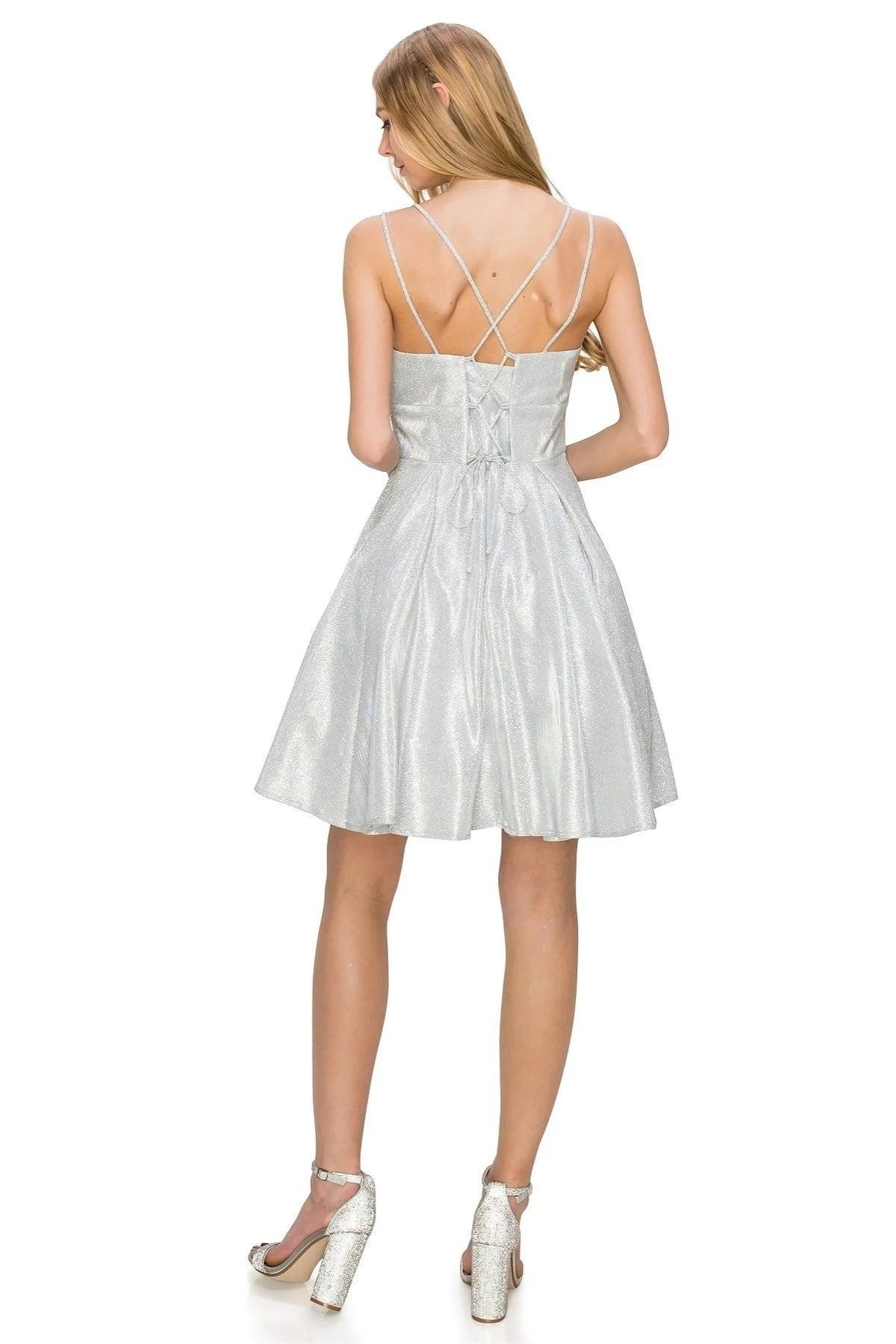 Prom Short Spaghetti Strap Metallic Glitter Dress - The Dress Outlet