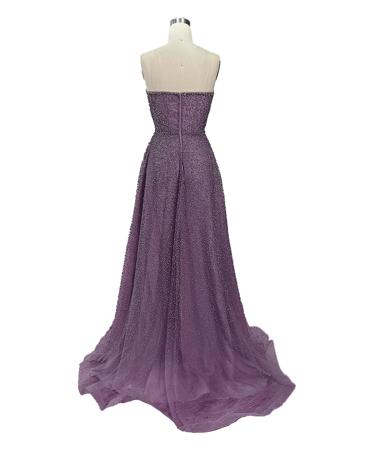 A stunning long strapless formal couture dress adorned with intricate hand-beaded details, showcasing elegance and sophistication.