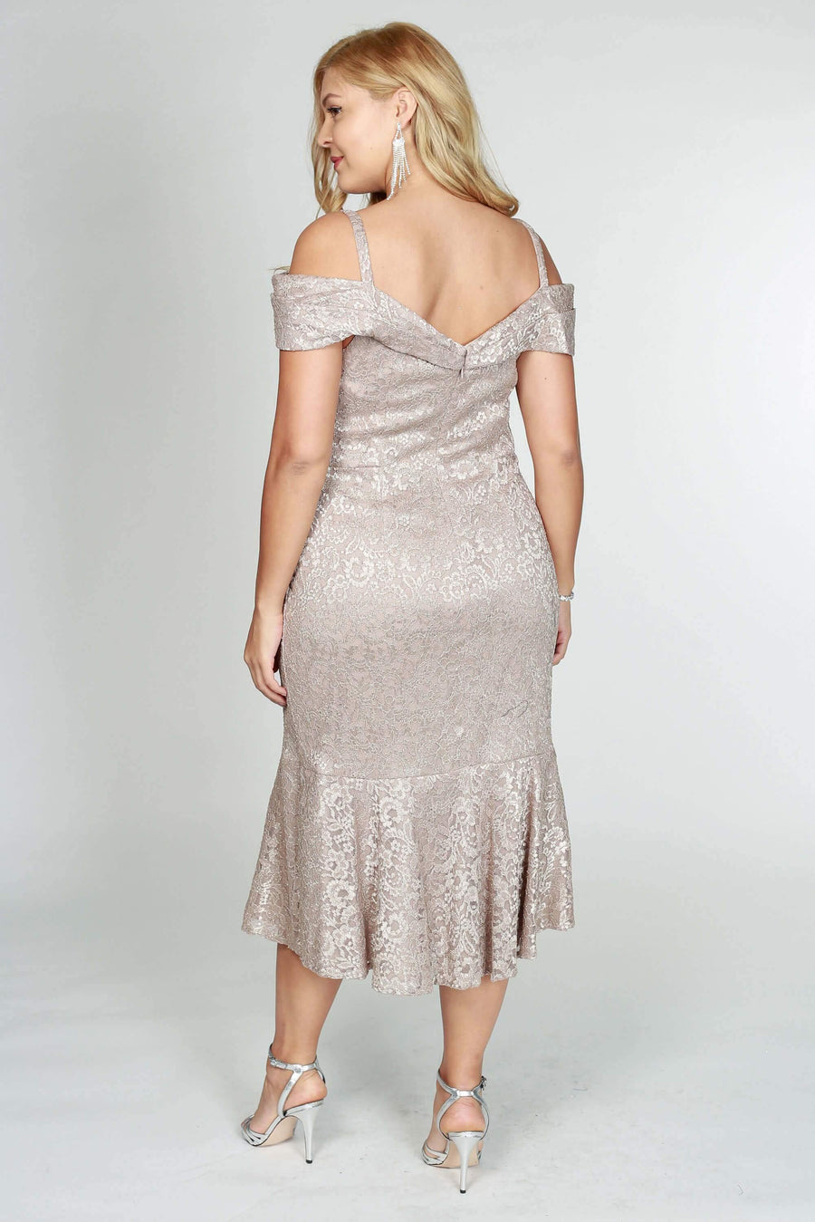 R&M Richards Short Plus Size Lace Dress Champagne - The Dress Outlet R&M Richards