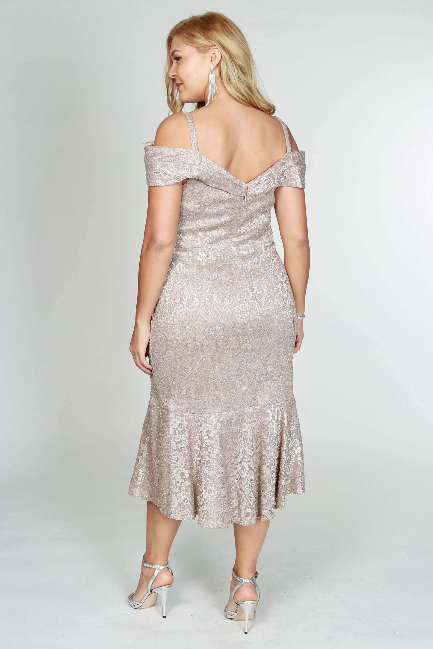 R&M Richards Short Plus Size Lace Dress Champagne - The Dress Outlet R&M Richards