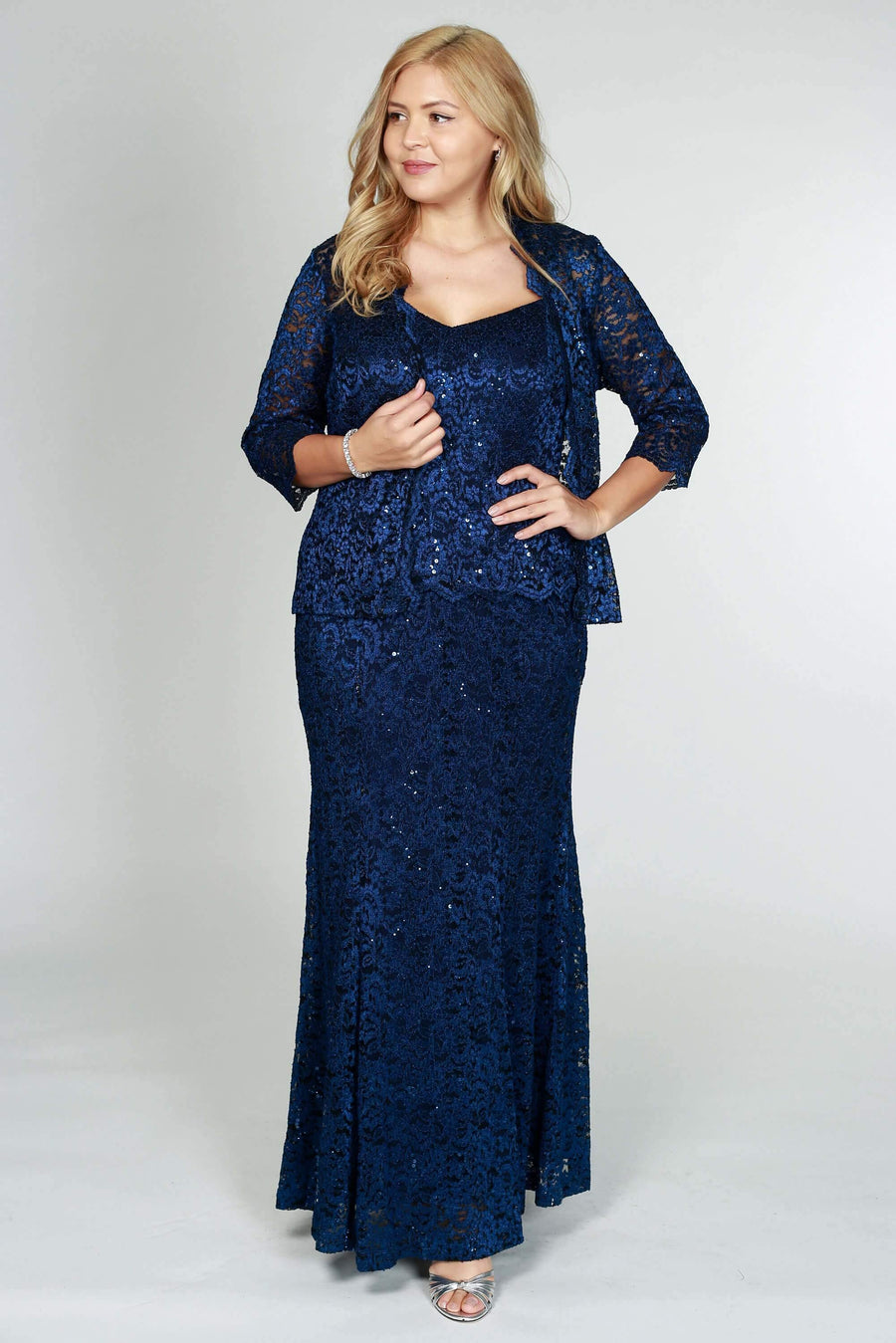 R&M Richards Formal Jacket Lace Long Dress Navy - The Dress Outlet R&M Richards