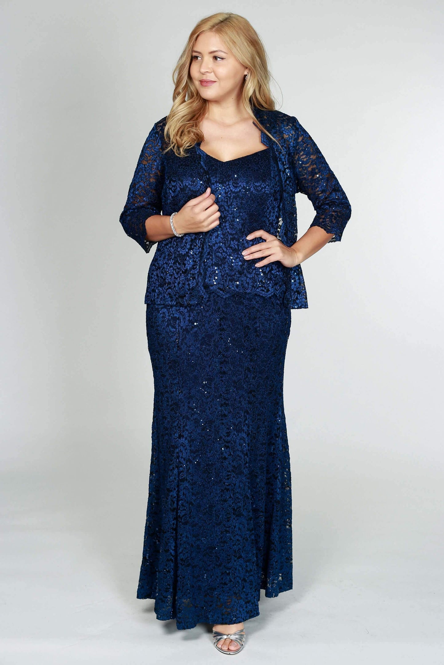 R&M Richards Formal Jacket Lace Long Dress Navy - The Dress Outlet R&M Richards