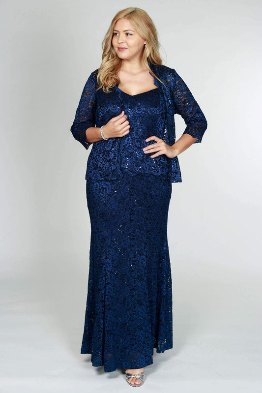 R&M Richards Formal Jacket Lace Long Dress Navy - The Dress Outlet R&M Richards