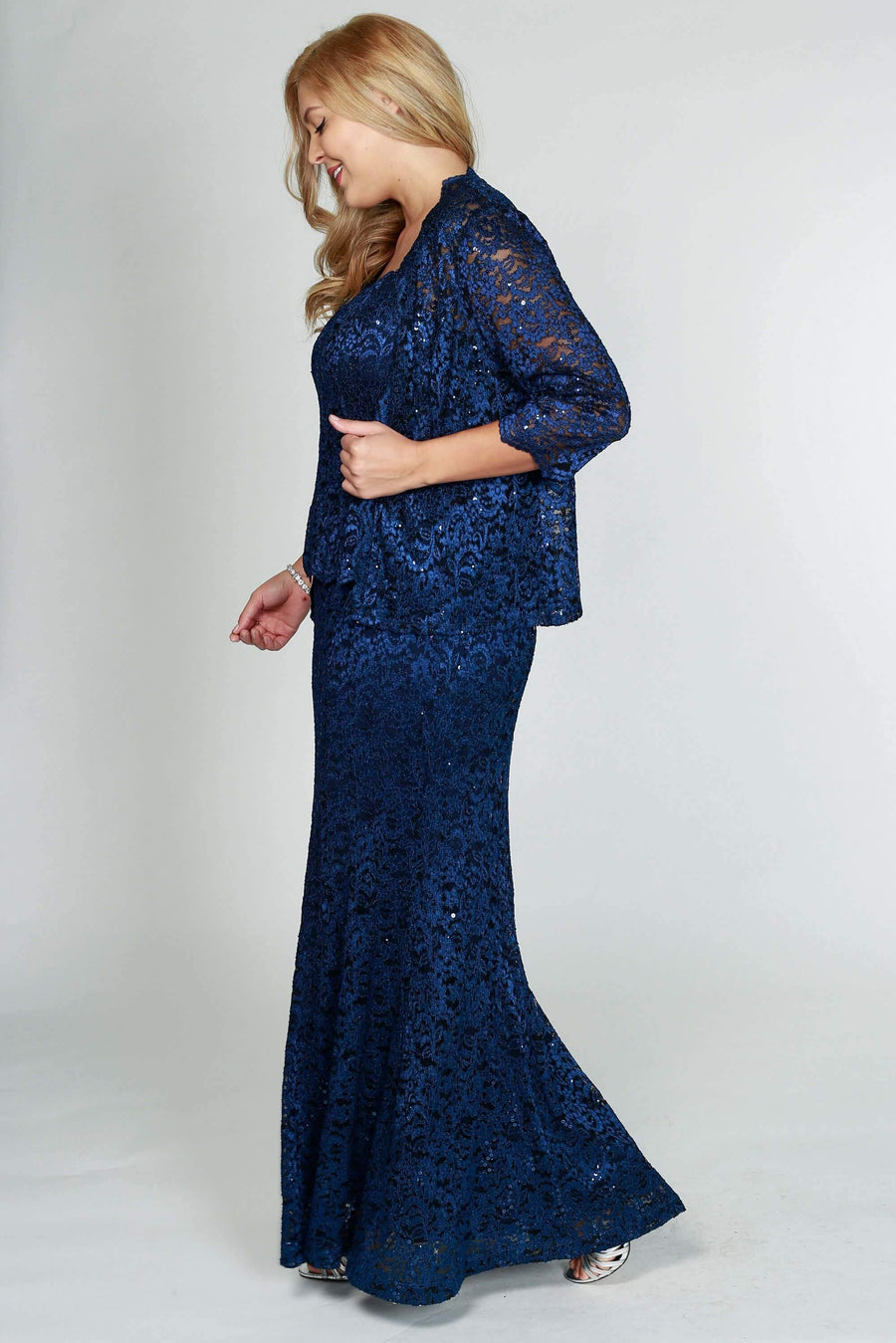 R&M Richards Formal Jacket Lace Long Dress Navy - The Dress Outlet R&M Richards
